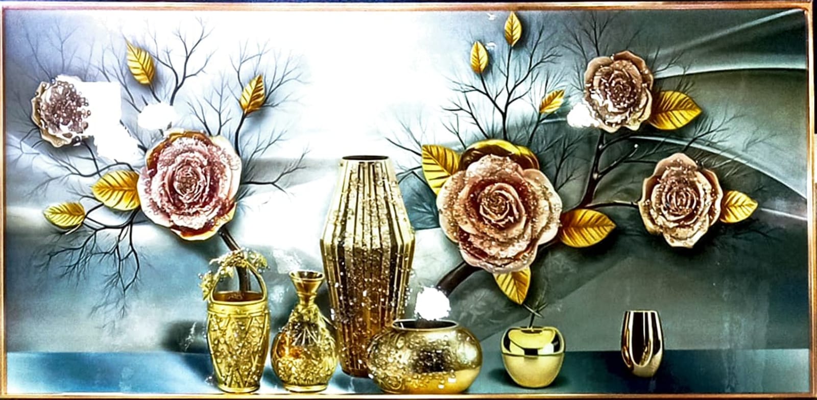 Wall art featuring delicate roses and golden vases
